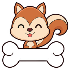 Cheerful Cartoon Squirrel Holding Bone with Black Outline on White