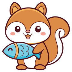 Cartoon Brown Squirrel Holding a Blue Fish, Cute Animal Illustration, Smiling Character
