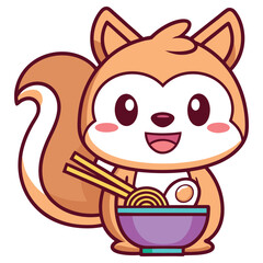 Cartoon Squirrel with Ramen Cute Animal Character Holding Chopsticks with Bowl