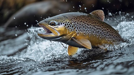 Majestic Brown Trout Leaping in a River: A Breathtaking Wildlife Photo