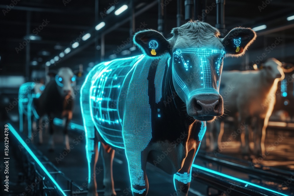 Fototapete High-tech smart farm features cows and sheep equipped with biometric sensors and glowing data displays in a clean futuristic environment Generative AI