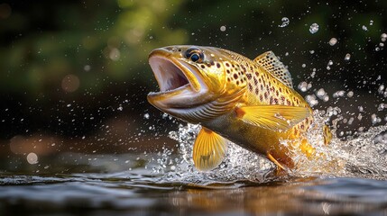 Fototapeta premium Majestic Brown Trout Leaps from River: A Stunning Wildlife Photo