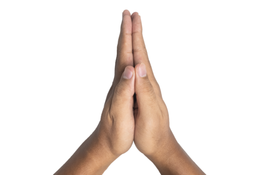 male hand showing thanks, forgive or hope gesture hand isolated on white background