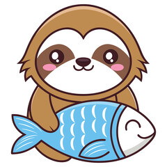 Cartoon Sloth Holding a Fish, Cute Animal Illustration, Flat Design, Smiling Animals