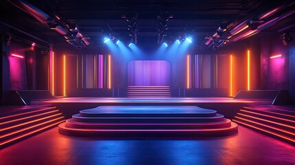 Digital Illustration of a Stage Set-Up for a Quiz Game with Bright Lighting and Modern Props 