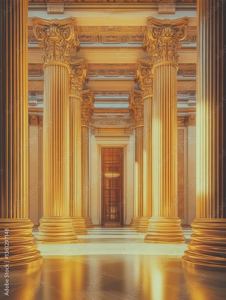 Aufkleber Luxurious architectural design featuring grand golden columns in a prestigious government building with elegant lighting at twilight Generative AI