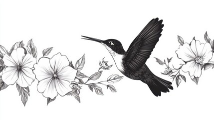 Obraz premium A detailed illustration of a hummingbird in flight, accompanied by blooming flowers, showcasing intricate line work and elegant design.