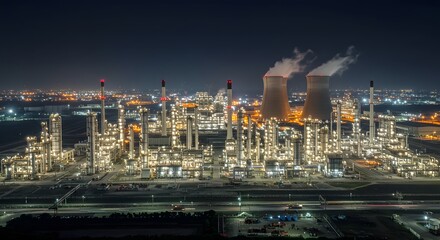 Fototapeta premium Illuminated Industrial Complex at Night with Cooling Towers and Steam