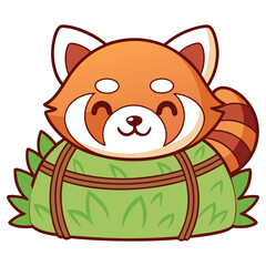 Cartoon Red Panda with Smiling Face and Wrapped Zongzi, Cute Animal Character