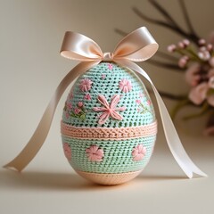 A highly detailed, intricately designed crochet keychain Easter egg, adorned with delicate embroidered patterns in a subtle pastel color palette, featuring a small, dainty bow tied around the middle i
