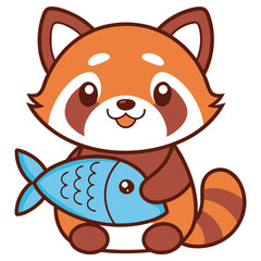 Cute Red Panda Cartoon Holding Blue Fish, Isolated on White, Adorable Smiling Character
