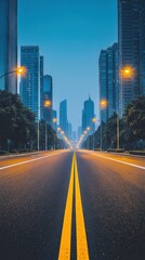 Fototapeta premium Serene Cityscape Dawn: Empty Road Through Modern Skyscrapers