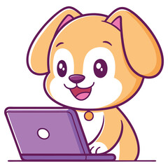 Cartoon Happy Puppy Character Using Laptop, Outline Style, Isolated on White Background