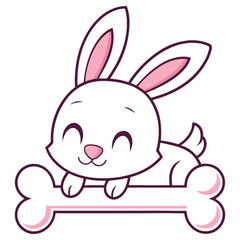 Cute Cartoon Rabbit on Bone, Happy Bunny Character Illustration, Animal Outline Art