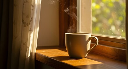 Caf&eacute; de la ma&ntilde;ana junto a la ventana soleada