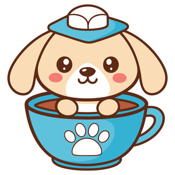 recommend clip art: Cute Cartoon Dog in Blue Cup with Paw Print Icon and Sailor Hat, White Background