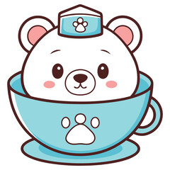 Cute Cartoon White Bear Cub Mascot Head Sitting Inside Light Blue Teacup Design
