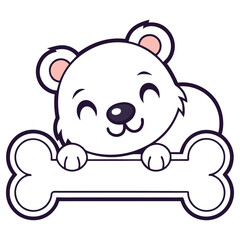 Cheerful White Bear Cartoon Character Holding Bone Outline Icon