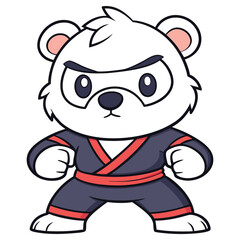 Cartoonish Polar Bear Ninja Mascot in Black Outfit with Red Belt and Serious Expression