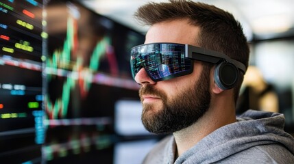 A man wearing futuristic glasses interacts with digital graphs and data displays, suggesting a high-tech environment.