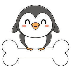 Cute Penguin Cartoon Character on White Dog Bone. Happy, Smiling, Isolated Icon