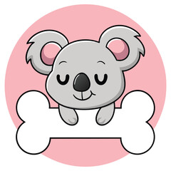 Smiling Gray Koala Mascot Holding Bone Cartoon Character Design,Pink Circular Backdrop