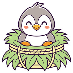 Cartoon Baby Bird in Woven Nest with Happy Smiling Face, Isolated on White Background