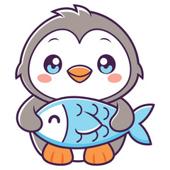 Obraz premium Cartoon Penguin Holding Fish Character, Isolated on White Background. Cute, Happy
