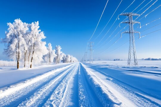 Snowy road passing through frozen trees and power lines in winter