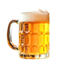 Large glass mug filled with beer isolated on transparent background.