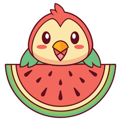 Obraz premium Cute Cartoon Bird with Slice of Watermelon, Red Feather, Happy Character, Isolated