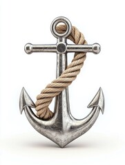 Metallic Anchor with Rope on White Background for Nautical Themes
