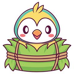 Cartoon Yellow Bird with Wrapped Green Leaves, on White Background