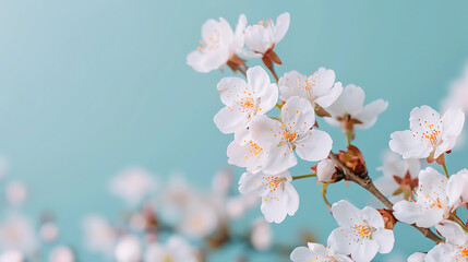 Delicate White Cherry Blossom Branch Displayed Against a Serene Turquoise Background