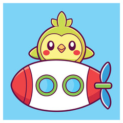 Cute Green Bird Character on Rocket, Cartoonish Style with Blue Background,