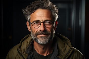 Obraz premium Focused Gaze: A Mature Man Squinting While Wearing Eyeglasses