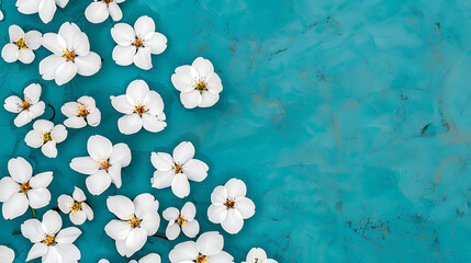 Delicate White Flowers on Textured Teal Background Creates Calm and Serene Visual Art