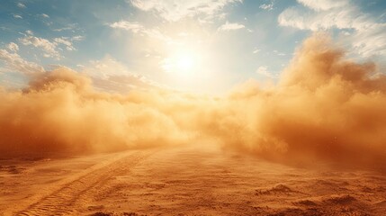 Majestic Desert Sandstorm: A breathtaking view of a desert landscape under a dramatic sandstorm, with the sun shining through the swirling dust clouds.