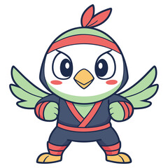 Cartoon Bird Ninja Character with Black Outfit, Red Headband, Isolated on White, Cute