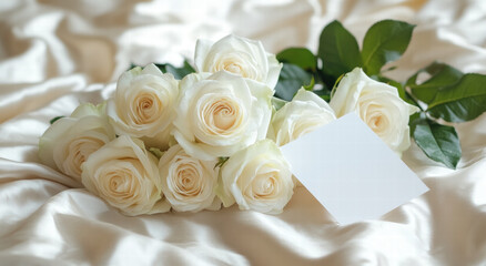 Elegant white roses arranged beautifully on soft satin fabric, accompanied by blank card for personal messages