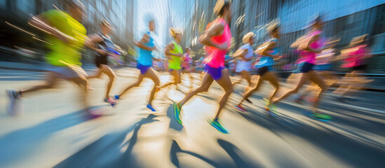 Dynamic runners in colorful athletic wear sprinting through city street, showcasing energy and movement