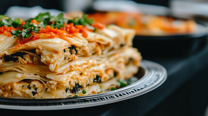 Delicious Layered Savory Pastry with Toppings Served on Plate Mealtime Culinary Experience