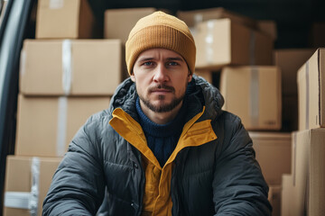 a delivery man standing in the back of a van surrounded by cardboard boxes