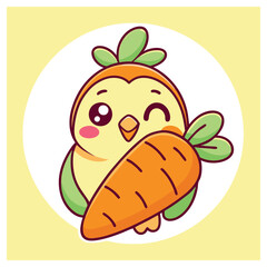 Cute Cartoon Bird with Carrot Winking on Cream Background. Playful Illustration