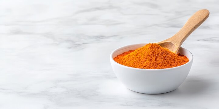 Bowl of turmeric powder and a wooden spoon on marble