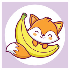 Cheerful Cartoon Fox Hugging a Banana on White Background with Lilac Accents