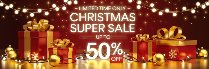 Festive Christmas Super Sale background with red and gold holiday theme featuring glowing fairy lights, elegant gift boxes golden ribbons, and bold 50 percent off discount sign for holiday promotions