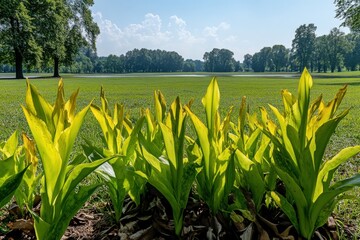 Fototapeta premium Vibrant yellow-green plants in foreground, serene park landscape in background; peaceful nature scene.
