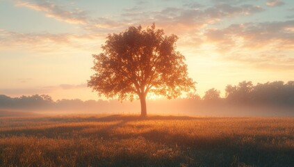 Obraz premium serene sunrise illuminates a solitary tree standing majestically in a golden field enveloped by a soft ethereal mist casting long shadows