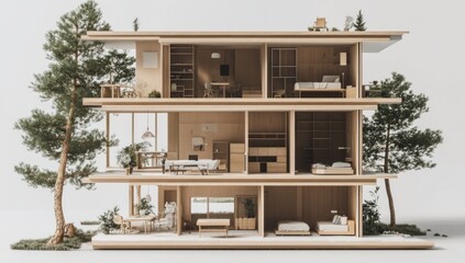 stylized three story dollhouse style modern home showcases open living concept wood interiors and miniature landscaping elements